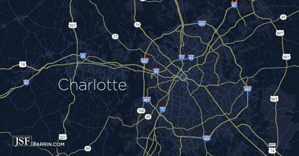 ALT TEXT: A simplified map of the major highways in and around Charlotte, North Carolina.