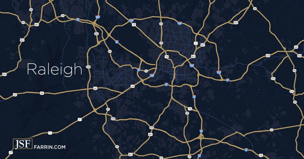 ALT TEXT: A simplified map of the major highways in and around Raleigh, North Carolina.