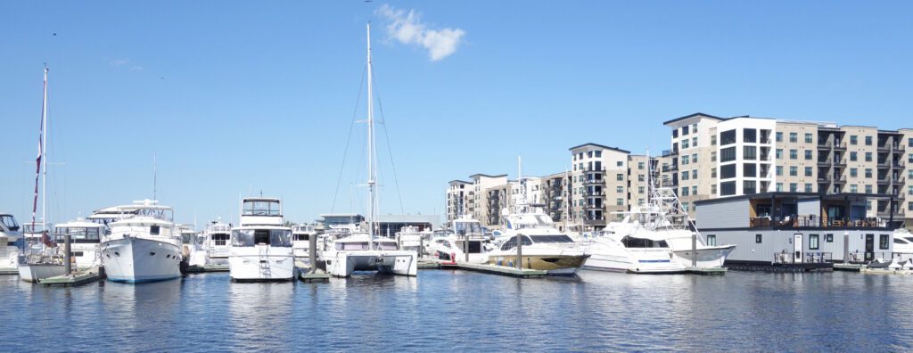 Boats in the marina near Cape Fear, NC on calm blue water.